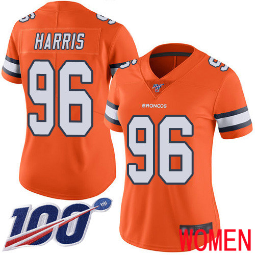 Women Denver Broncos #96 Shelby Harris Limited Orange Rush Vapor Untouchable 100th Season Football NFL Jersey